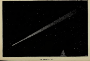 Black background with grey stars on it. There is a small domed building on the bottom left side of the image. The foreground of the image is a streaking comet with a round head and a tail that starts narrow and gets wider. The tail is very long and fades towards the back.