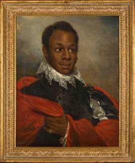 画在金框里的图像. 这幅画描绘了一名黑人男子身穿海地黑红相间的宫廷礼服.