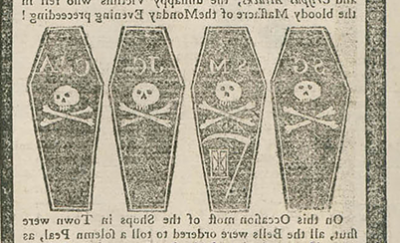 newspaper column framed by black lines with an illustration of three coffins with initials of the deceased in the center